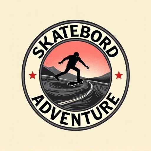 Design a circular badge logo called 'SKATEBOARD ADVENTURE'. Include a skateboard element inside and place the text 'SKATEBOARD ADVENTURE' prominently around it. Use a vintage illustration style with black, off-white, and muted red/pink.