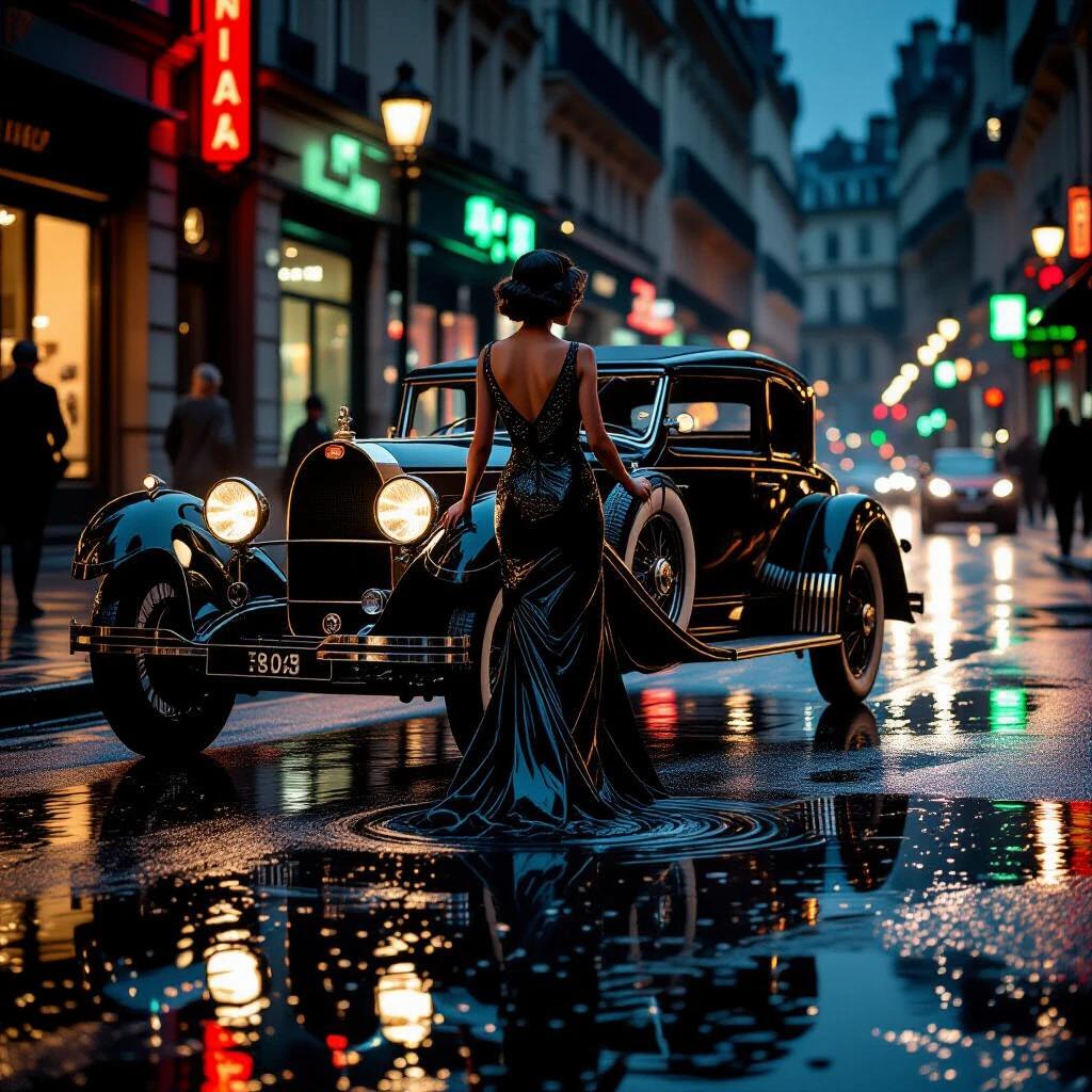 A highly detailed image of a woman in a chic 1920s environment. She stands beside a 1924 Bugatti Type 35. Dress features geometric rhombus patterns and is made of water-repellent silk crepe. The scene is set in Paris at midnight with rain-slicked asphalt reflecting neon lights. The lighting creates a dramatic silhouette. The woman's bare legs are visible as she enters the car, showcasing a blend of elegance and practicality.