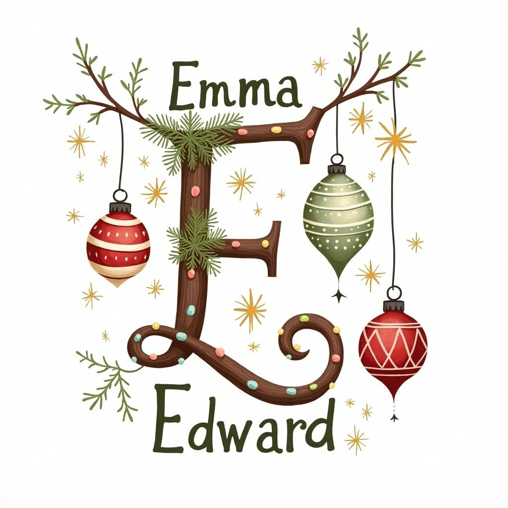 The image features a festive and artistic design showcasing the letter 'E' prominently. This letter is playfully decorated with evergreen branches and colorful Christmas ornaments, inviting a cheerful holiday spirit. Surrounding it are the names 'Emma' and 'Edward,' connecting personal celebration to the artwork. The design incorporates classic holiday colors such as red and green, along with gold accents. This artwork can be used for various Christmas-themed projects and gift ideas.