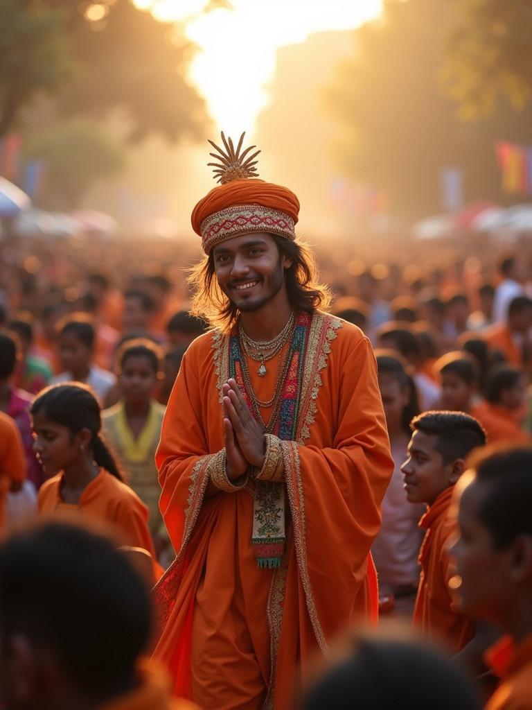 Crowd celebrates a festival. Traditional figure wears vibrant attire. Bright sunlight enhances festive atmosphere. Togetherness and spirituality are present.