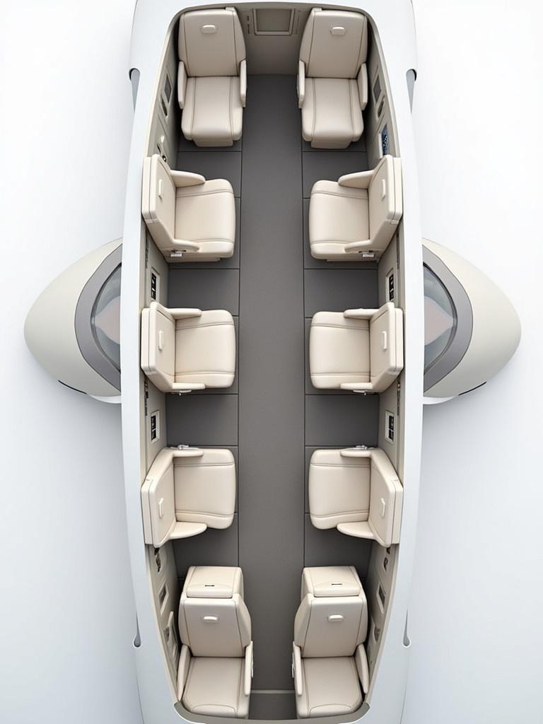 Top-down view of seating area in a midsize private jet. Layout showcases seats and side panels. Image highlights features of the aircraft interior.