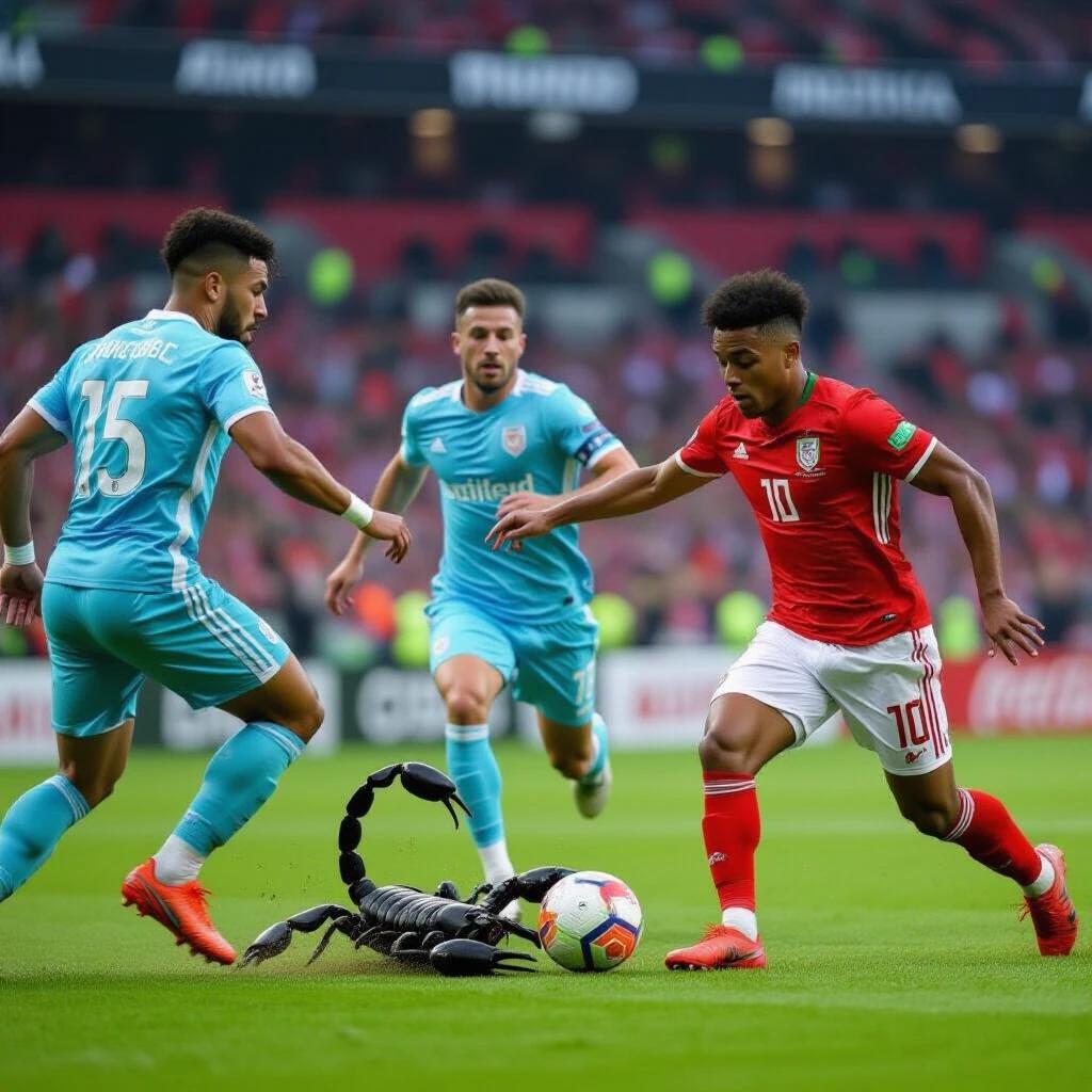Football players in red and blue uniforms compete on the field. Scorpion lies on the grass. Event captures dynamic movement and tension during the match.
