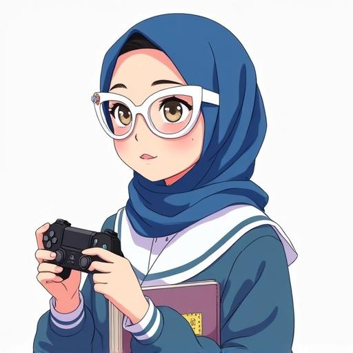 Anime-style illustration of a girl in hijab with cat-eye glasses holding game controller and book. Clean, minimal modern design. Handwritten text 'MH' on the side.