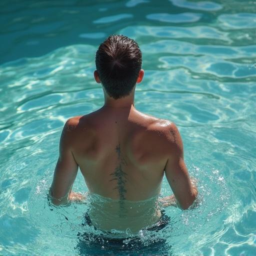 A person is swimming in a turquoise pool. The figure shows a tattoo on the back. Bright sunlight reflects on the water.