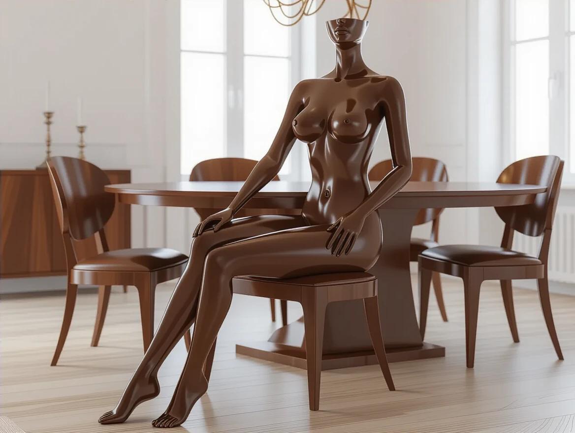 A luxurious modern wooden dining chair appears shaped like a nude woman. The design includes open legs with arms as chair legs. The female body forms the chair back and seat made of gleaming mahogany wood. Sleek and smooth finish shown in a bright room with dining table and chairs.