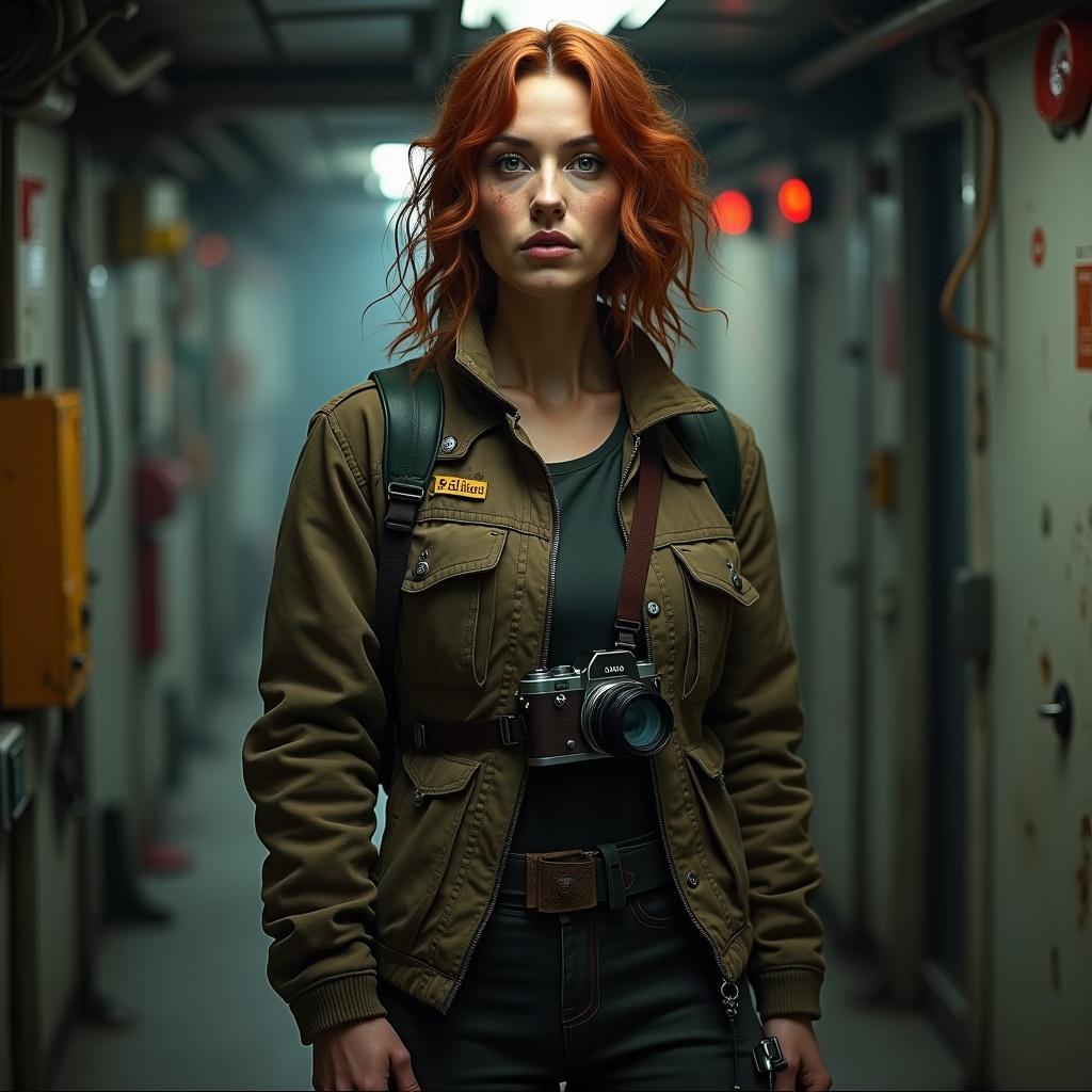 Photorealistic image of a young female war correspondent in a spaceship corridor. She has red hair and a determined expression. Worn jacket, durable pants, a camera and a datapad. Industrial background with exposed wires and flickering lights.