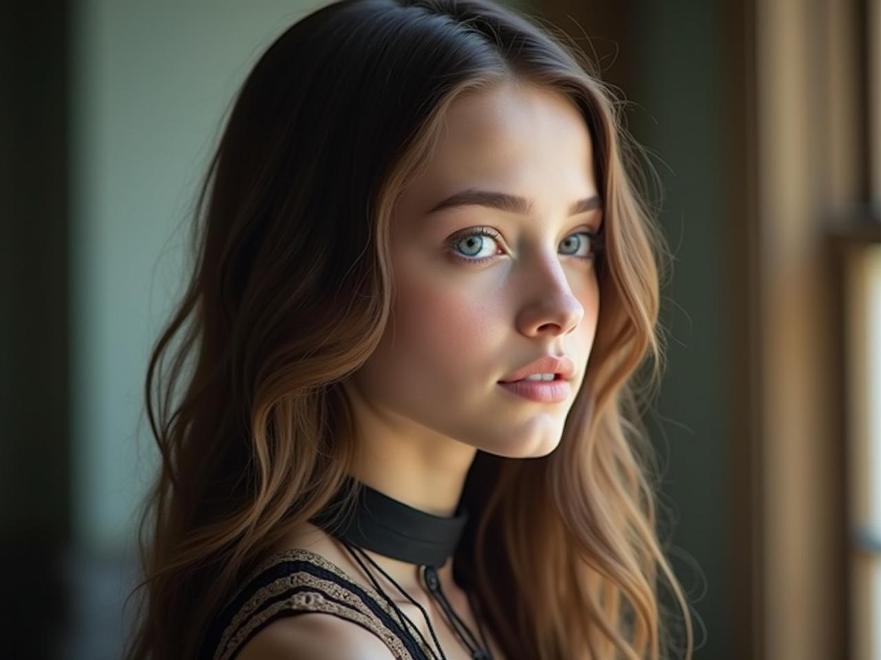 A side view of a young woman with long brown hair cascading down her back. Her striking blue eyes catch the light, reflecting a sense of depth and emotion. She wears a stylish outfit with a choker and a small collar, adding an elegant touch to her appearance. The background is softly blurred, emphasizing her profile and the intricate details of her facial features. Her expression is serene, suggesting a moment of contemplation. Overall, the image conveys beauty and sophistication in a subtle manner.