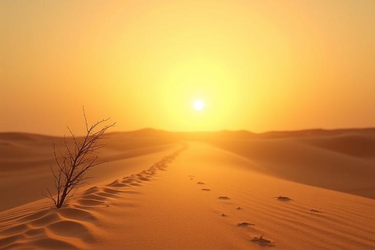 A peaceful desert path under a golden sky. The scene is empty and quiet. A small thorny branch lies to the side. Soft light shines down on the path. The atmosphere symbolizes acceptance and mercy. The mood is spiritual and warm, evoking awe and inner peace.