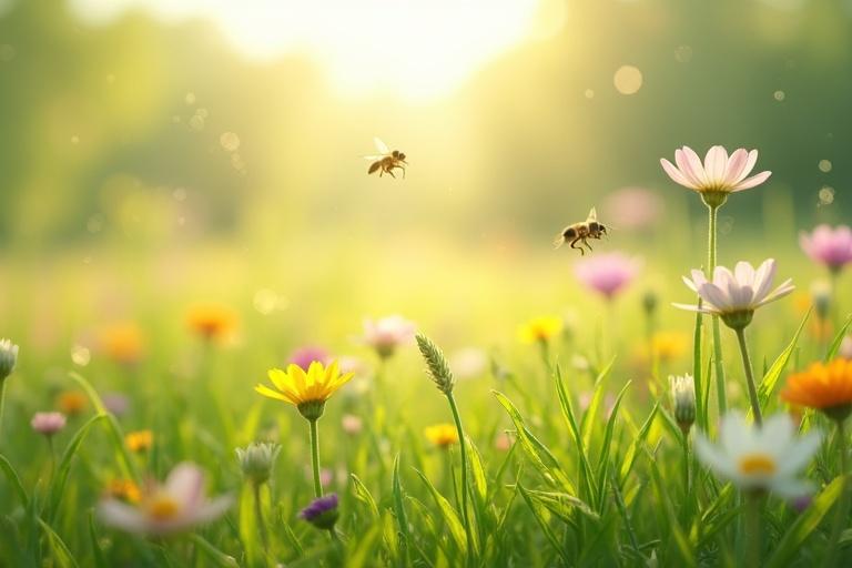 A vibrant grass field filled with colorful wildflowers. Bees are buzzing around the flowers. The image features a shallow depth of field with sharp focus on the grass in the foreground. The background is a soft blur of color. Soft, diffused light creates a dreamy atmosphere.