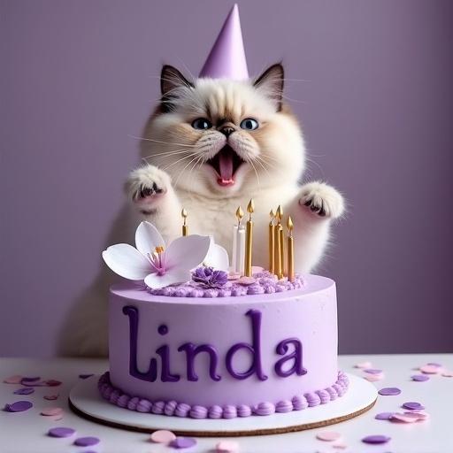 Scottish Fold cat on hind legs. Cat holds lavender birthday cake for Linda with paws. Cake decorated with purple letters. Top adorned with gold candles and white orchids. Playful confetti on table. Cat wears party hat. Scene shows joy for birthday celebration. Text 'Happy Birthday' elegantly displayed.
