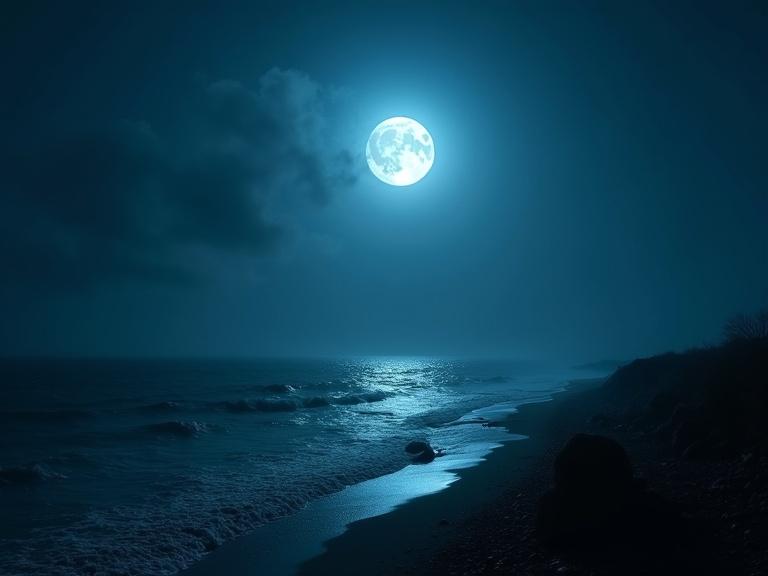 Nocturnal seascape bathed in the glow of a full moon. Scene captures serene isolation. Reflects tranquility and mysteries of night. Interplay of light and shadow enhances atmosphere. Movement of water adds dynamic elements.