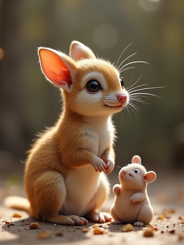 A small rabbit stands next to a baby mouse in a warm outdoor setting. Both animals appear cute and friendly. The scene is filled with soft light and is inviting to viewers.