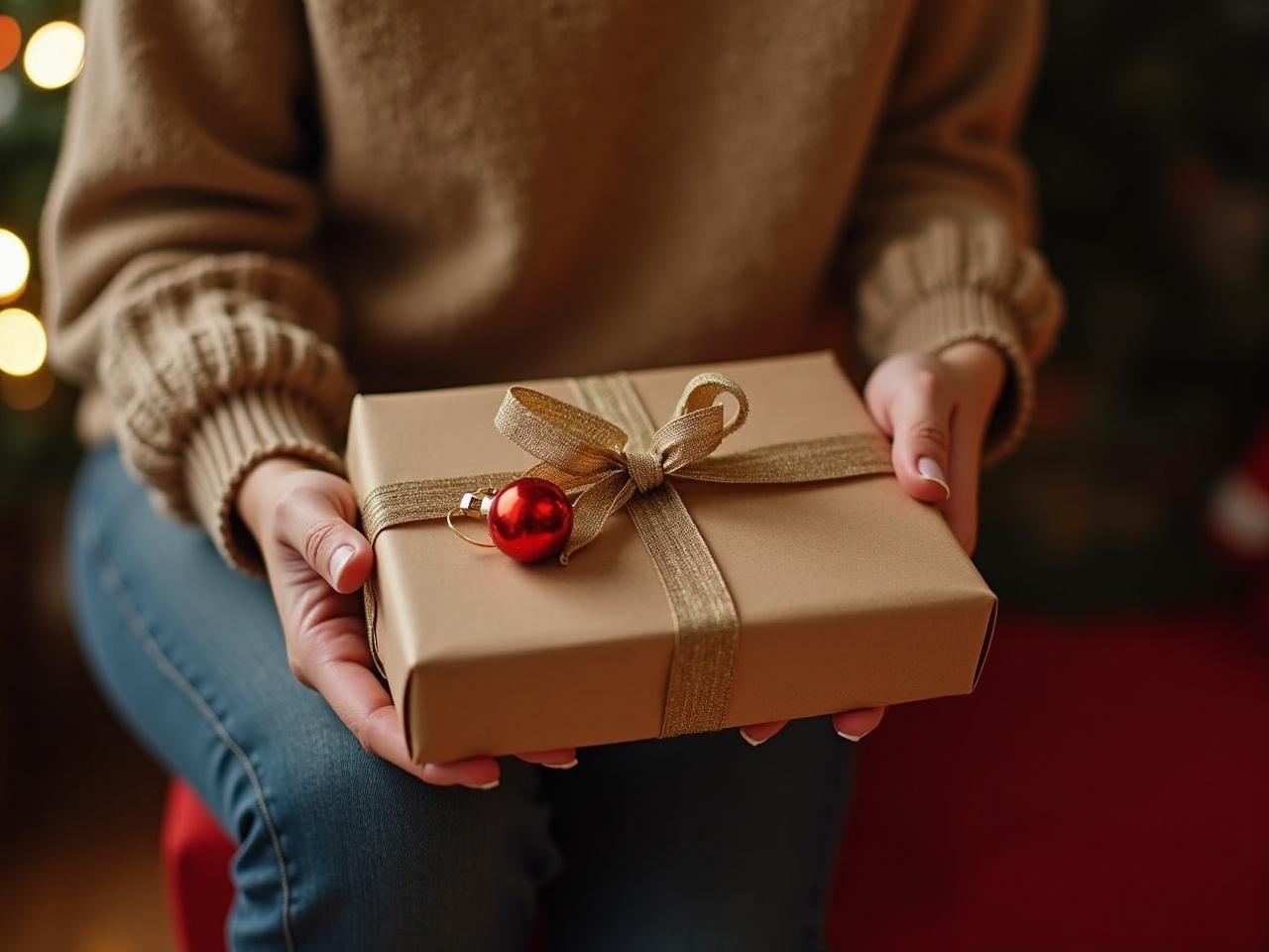 In a warm and cozy setting, a person holds a beautifully wrapped Christmas present. The gift is adorned with a golden ribbon and a small red ornament, symbolizing the holiday spirit. Soft lights can be seen blurred in the background, enhancing the festive ambiance. The overall atmosphere evokes feelings of joy and anticipation associated with the Christmas season. This image captures a moment of gift-giving, making it perfect for holiday-themed content.