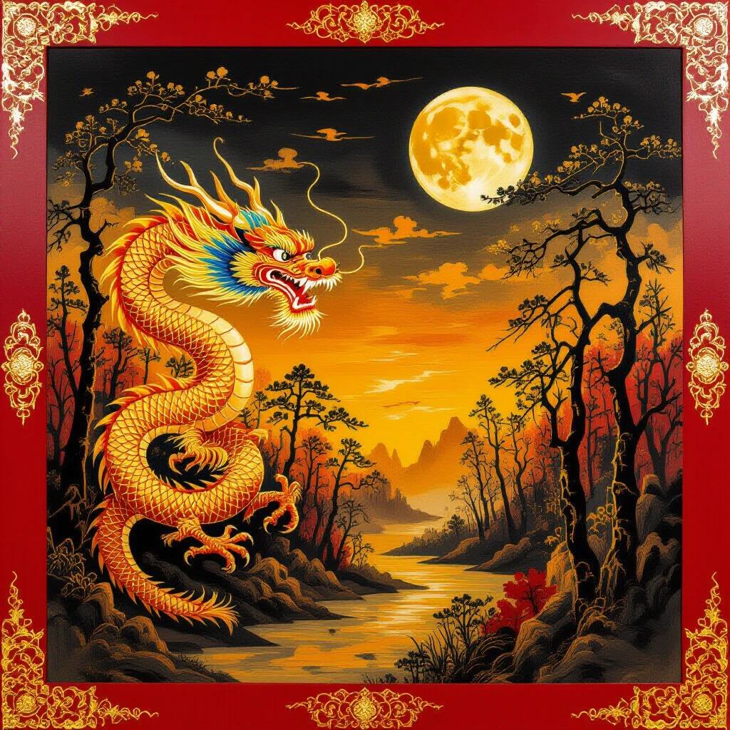 A red wooden Chinese tapestry showcases golden dragons. A grand dragon slithers through a burnt forest. A bright sun sets while the moon rises. The scene embodies the spirit of Chinese New Year. The style blends Impressionism with Optical Art Nouveau. Detailed brushstrokes create elegance. A gilded frame enhances the artwork.