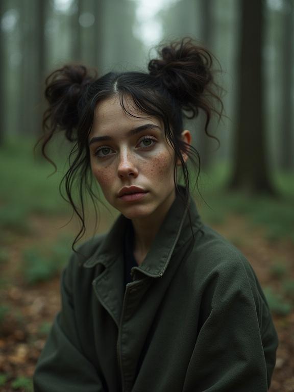 Texture with film grain and skin pores. Dusty atmospheric haze enhances dramatic portrait. Clothed female with lustful expression and space buns sits in a forest. Eye contact with soft backlight creates cinematic feel. High contrast and photorealistic details showcase freckles and skin. Art by Chiara Bautista.