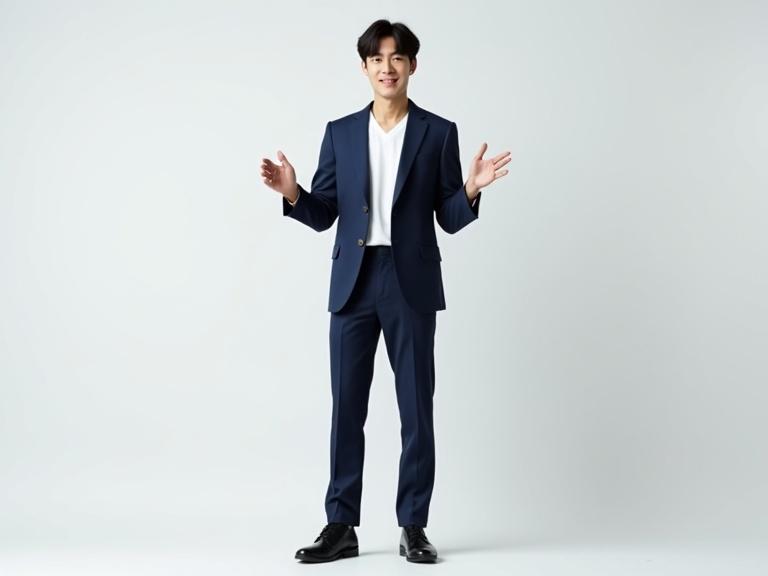 Photorealistic image of tall stylish handsome Japanese male model about 18 years old dressed in white Y-shirt navy blue suit black leather shoes closed-mouth smile full body soft even lighting transparent background natural posture hands speaking