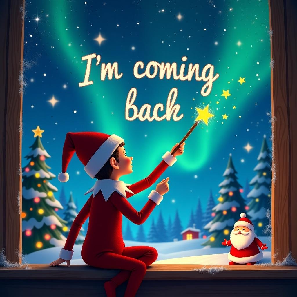 The scene showcases an elf on the shelf sitting with his back facing towards the viewer. He is looking up at a night sky filled with bright northern lights. In the sky, he is using a magical wand to write the message 'Andrew & Aurelia I’m coming back'. The backdrop features a beautiful Christmas landscape with snow-covered trees and a cheerful Santa nearby. The overall tone is festive, evoking feelings of magic and anticipation during the holiday season.