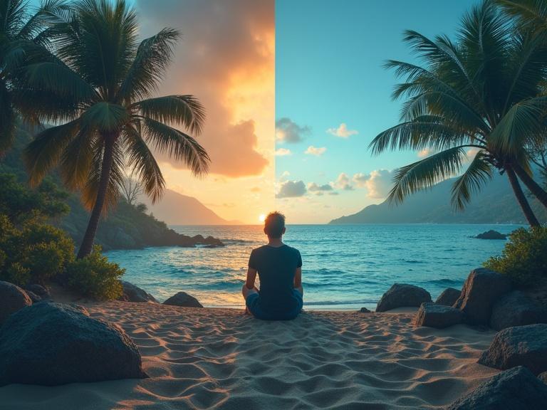 A split image showcases a person engaged in setting up a content creation system on one side and relaxing on a serene beach with money rolling in on the other. The landscape features a transition between a sunset and a calming seascape with palm trees, creating a visual balance between work and relaxation.
