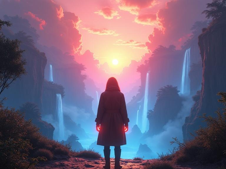 Breathtaking fantasy scene depicts person in brown leather coat standing at threshold. Back view showcases glowing orange arms. Ethereal dreamscape with vibrant color split. Warm pink clouds meet cosmic blue energy. Floating islands and cascading light waterfalls enhance the otherworldly feel. Lush foliage frames the scene. Volumetric rays of light give a mystical atmosphere. High fantasy art with hyper-detailed textures and dramatic lighting. Digital painting portraying a cosmic doorway and a spiritual journey.