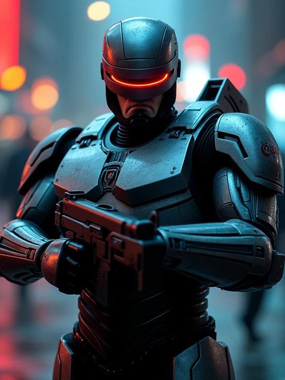 Robocop depicted with a large gun at night. 3D rendering. Represents a movie poster design.