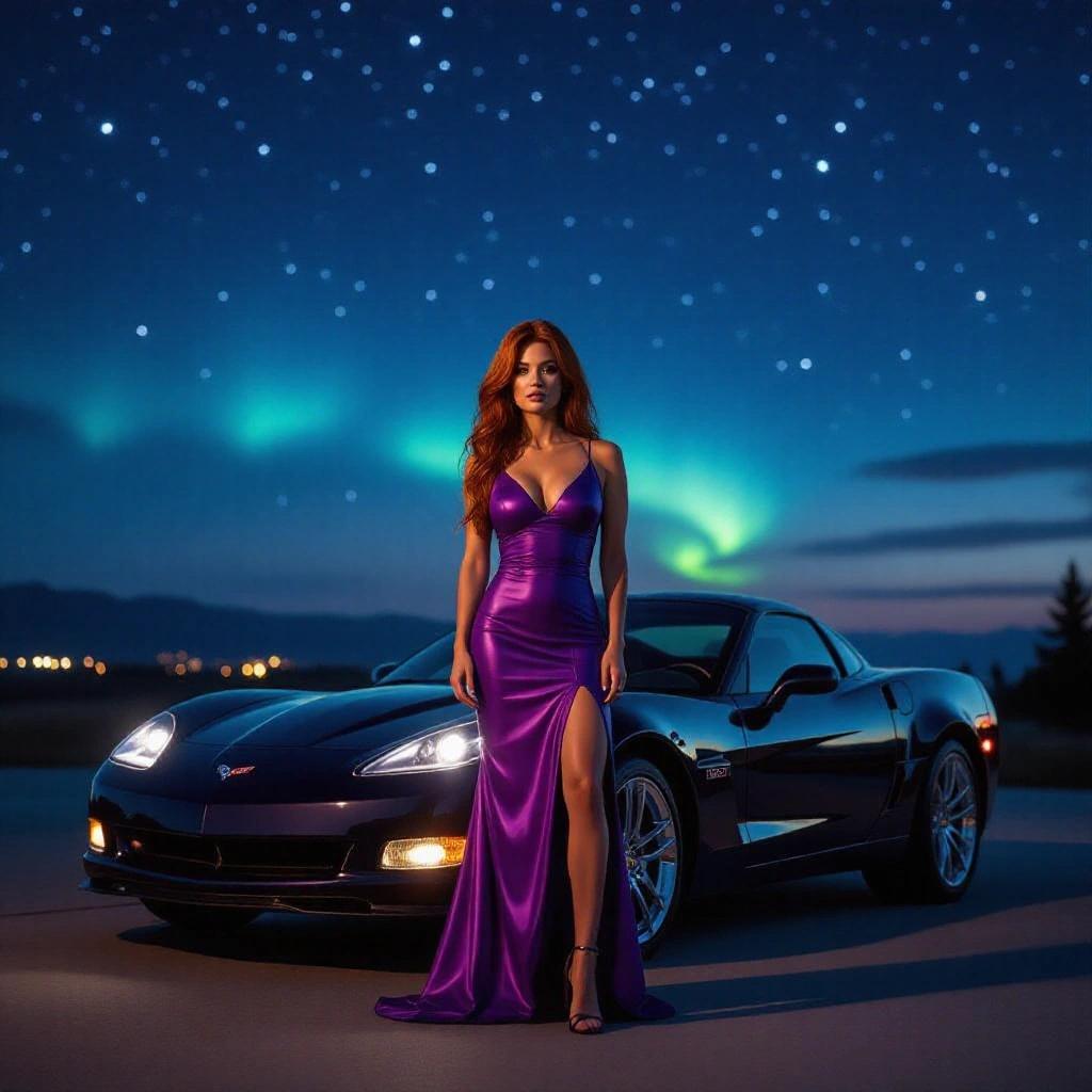 Curvy redhead woman stands in front of a black 2002 Corvette Z06. She wears a short purple leather dress. The night sky displays stars and aurora. The scene is vibrant and visually striking.