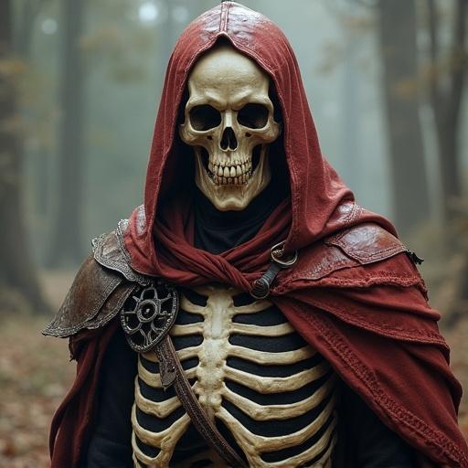 Create a portrait of a skeleton warrior. The warrior wears a hooded cloak and armor. Focus on an eerie atmosphere. Set in a foggy forest backdrop.