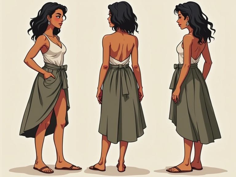 Character design of a female, athletic character displayed in three views: frontal, lateral, and back view.
