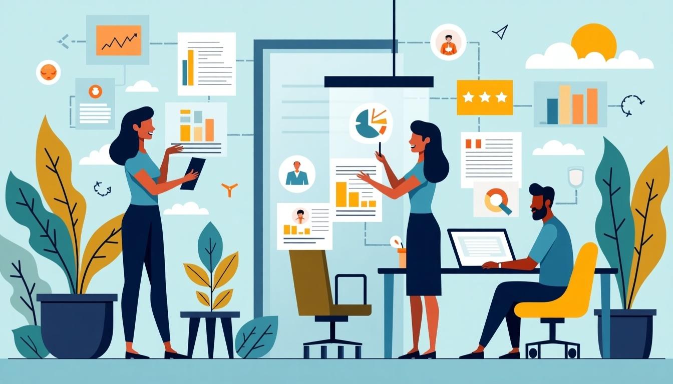 This illustration depicts a vibrant office environment showcasing the future of work in 2025. It features diverse professionals engaged in discussions, utilizing technology for collaboration. Graphs and charts are visible, representing data analysis and performance metrics. A blend of plants adds to the workspace's atmosphere, promoting well-being and sustainability. The setting emphasizes the importance of adaptability, skills development, and teamwork. Capturing the essence of modern career dynamics, it serves as a visual representation of the evolving job landscape.