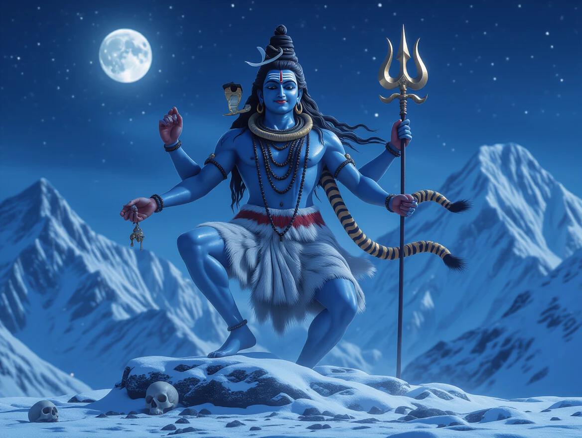 Low-angle view of Lord Shiva in Nataraja pose standing on one leg atop a snowy stone with a snake around his neck. Tiger skin cloth flowing in the cold wind. Ancient jewelry adorns his figure. Glowing trishul and damaru beside him. Ashes and skulls near the base. Moonlit Himalayan background highlights night atmosphere. Textures are photorealistic.