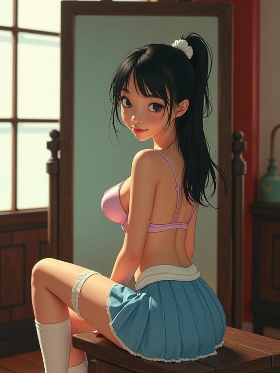 Petite girl in a feudal China room sitting in front of a mirror. Wearing blue skirt and light pink bra with cream stockings. Tied wet hair and glossy blue eyes. Smiling softly and turned back toward camera. Flash photography with overexposed and grainy quality.
