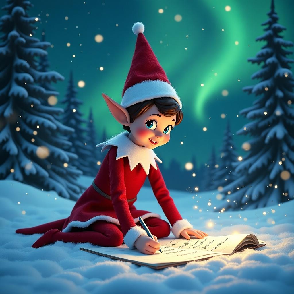 Elf dressed in red writing on a scroll in the snow with colorful northern lights in the background.