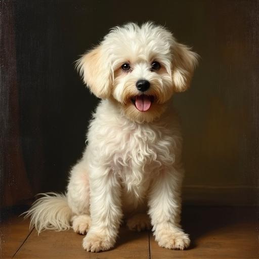 Picture of a bichon malteser dog styled in renaissance art. Dog sits with fluffy fur, tongue out, background with soft light and warm tones. Dog poses in classic portrait style, evoking charm and elegance.