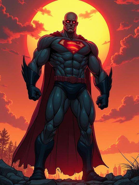 A powerful superhero stands confidently at sunset. Costume is slightly torn. Muscular build with glowing eyes. Cinematic rim lighting creates deep shadows. Hyper-detailed rotoscope-inspired realism in adult cartoon style. Thick comic-style linework enhances dramatic atmosphere. Depiction conveys grittiness typical of graphic novels.