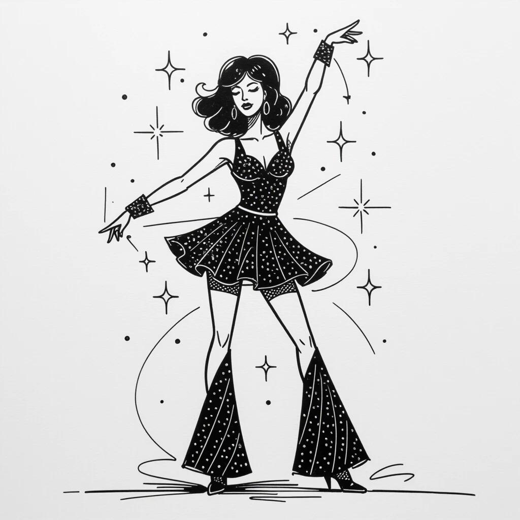 Black line drawing on white background depicting disco dancer. Arm raised with hand detail in classic disco pose. Head tilted with flowing S-curve through body to flared mini skirt. Represents movement and style. Decorative skirt stroke suggests sequins. Hair indicated with wispy lines. Foot represented as simple angular shape.