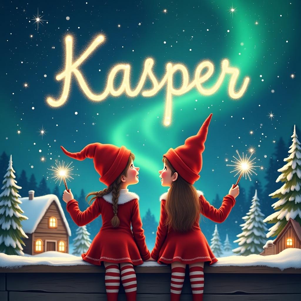 Two female elves are sitting on a wooden ledge. Their outfits are red with pointed hats. They look at a magical sky filled with stars and Northern Lights. Each elf has a sparkling wand. Charming houses and evergreen trees are in the background covered in snow. One elf writes 'Kasper' in the starry sky.