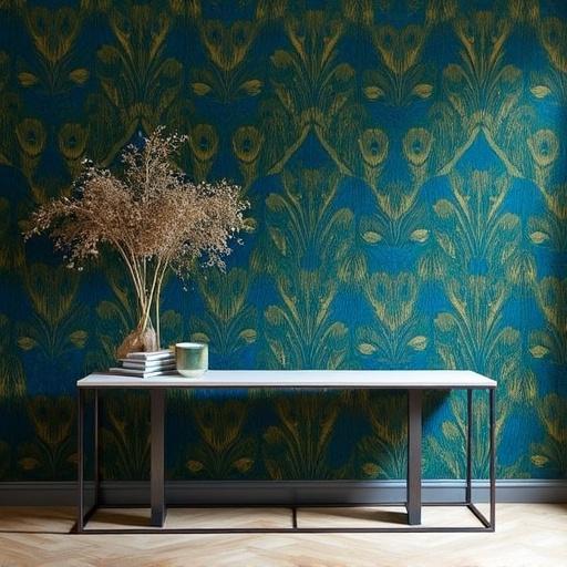 Minimalist console table with decorative elements on top. Dramatic peacock feather wall serves as backdrop. Natural light enhances textures.