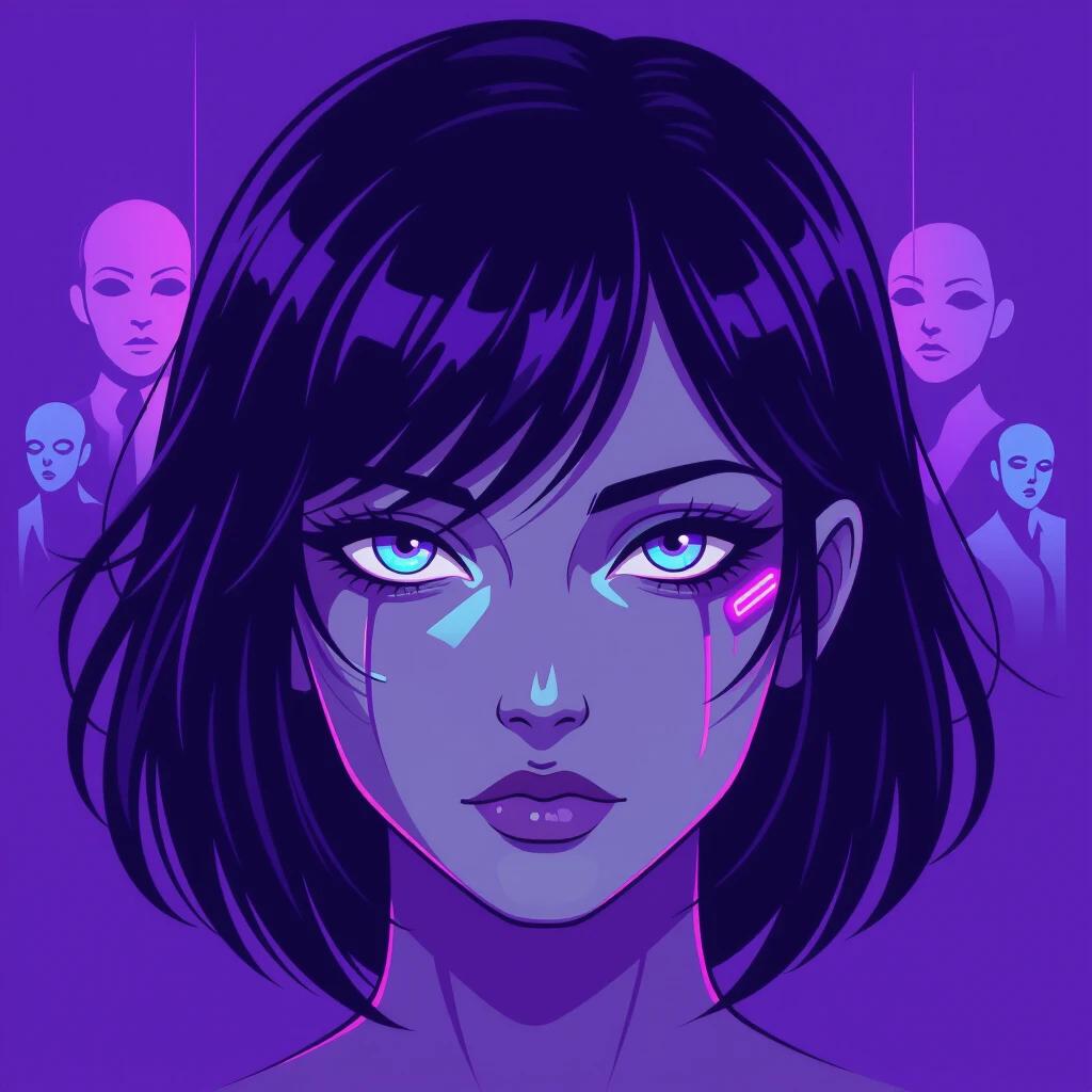 Close-up of a vibrant eye against a purple background. Design features glowing neon effects and ghostly figures in the background. The style blends cyberpunk aesthetics and anime inspirations. Artwork reflects themes of darkness and light.