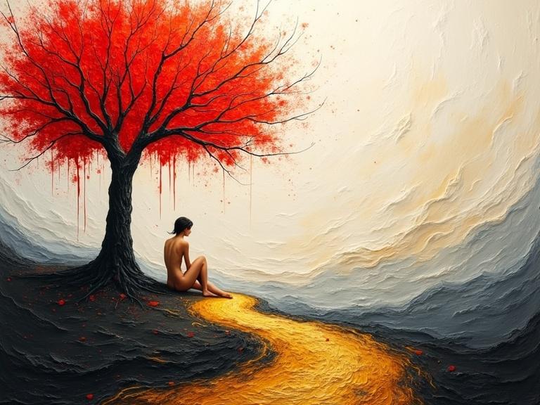 An abstract painting with thick textures. A vivid red tree with black branches appears on the left. Dripping red foliage contrasts against creamy beige and gray background. The sky and surroundings are stylized with soft tones and hints of gold. A winding golden-yellow path leads into the landscape. A nude woman sits beside the tree.