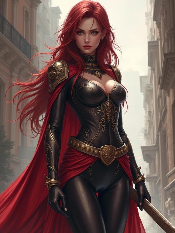 A powerful fantasy character with long red hair wearing a sleek black outfit with gold accents and a flowing red cape.