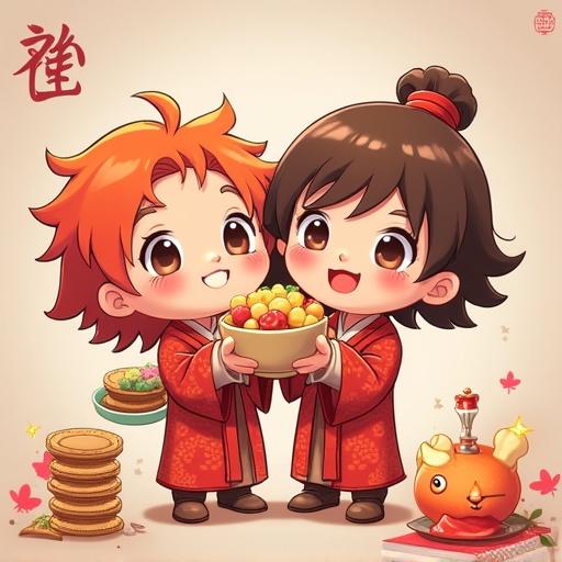 Chibi-style children in traditional attire holding a bowl of fruits. Bright colors and festive atmosphere. Characters have cheerful expressions. Suitable for depicting celebrations.