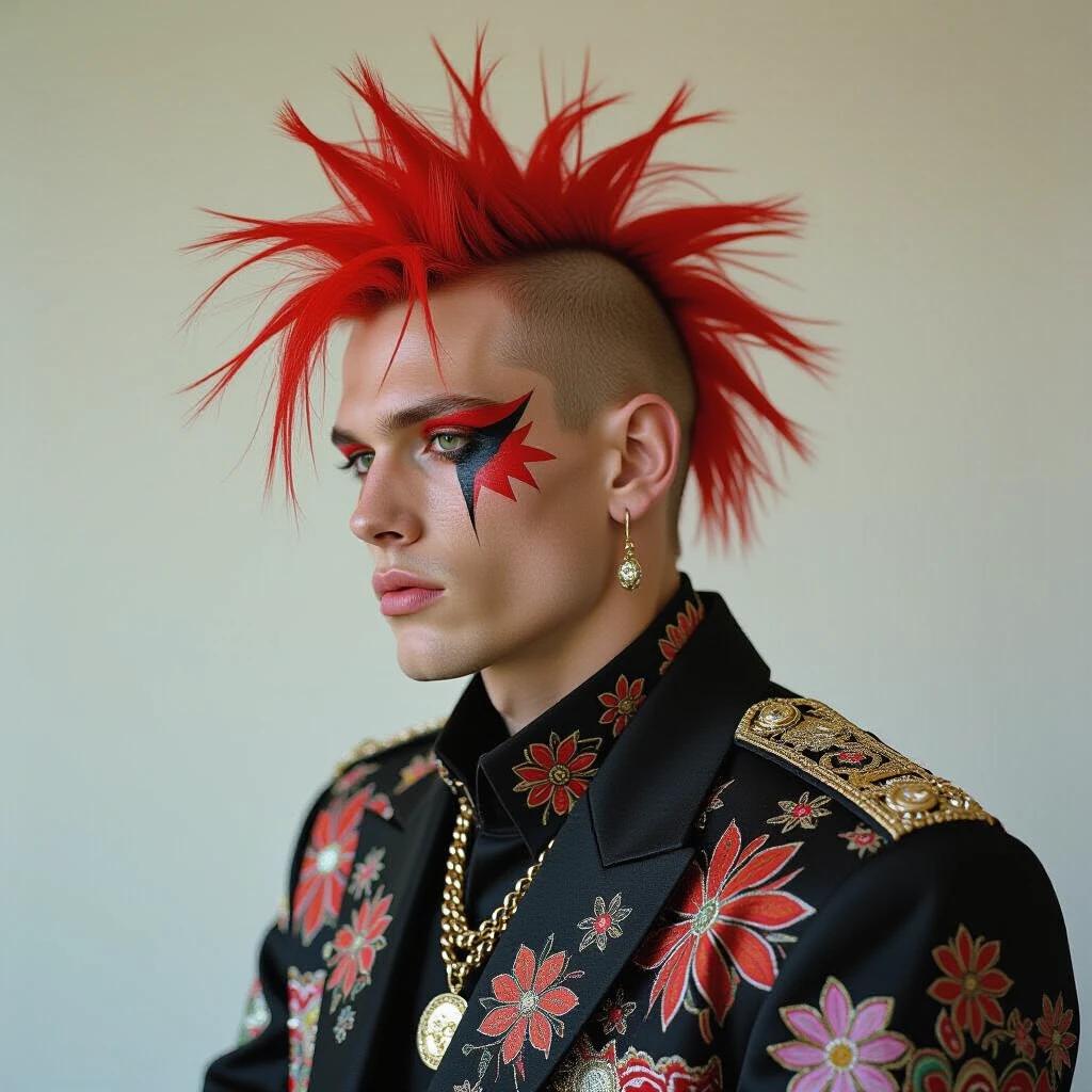 Photograph features androgynous model styled in punk aesthetic. Bright red spiked hair contrasts against intricate floral patterns of clothing. Art direction inspired by unique cultural elements.