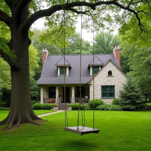 Photo of typical North American single family home in a suburban setting with a manicured lawn and a tall tree featuring a swing
