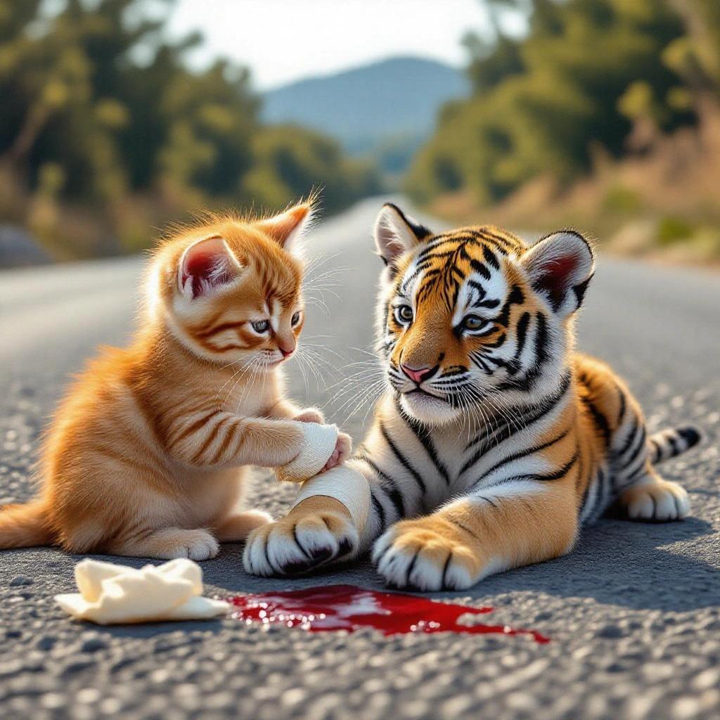 Cute orange kitten bandages small tiger cub on roadside. Kitten appears worried. Tiger cub has bandages and a red stain. Daytime in countryside.