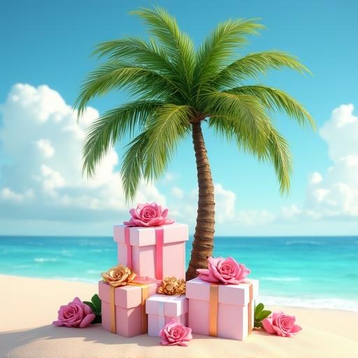 A palm tree on the beach surrounded by light pink, white and gold gifts. Each gift has pink roses on top. The background features a blue sky and light pink clouds. No dark shadows are present.
