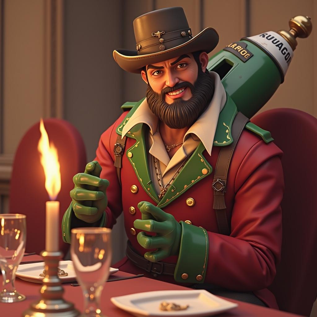 Winston from Overwatch 2 seated and enjoying a Mexican beer bottle. Character displayed in traditional attire with a festive table setting. A warm candlelight creates an inviting atmosphere.