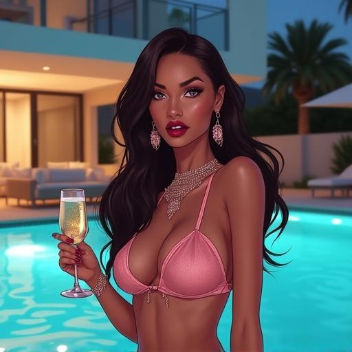 Woman holding champagne by outdoor pool. She has long dark brown hair and silver eyes. She wears a sheer pink bikini with rose gold jewelry. The scene captures a futuristic mansion at night with soft lighting. The atmosphere is vibrant and luxurious. She smiles confidently, creating a party ambiance.
