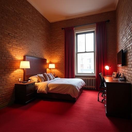 A hotel room designed in the style of the 1980s located in Brooklyn New York. Features brown brick walls and a prominent red carpet. The room includes a bed with white linens, two bedside lamps, a desk with a chair, and a window with red curtains.