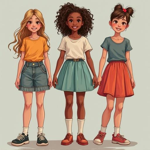 Three girls dressed in colorful skirts hold hands. Each girl has a different skirt and top. Bright and cheerful colors create a playful vibe. Perfect for showcasing children’s fashion styles.