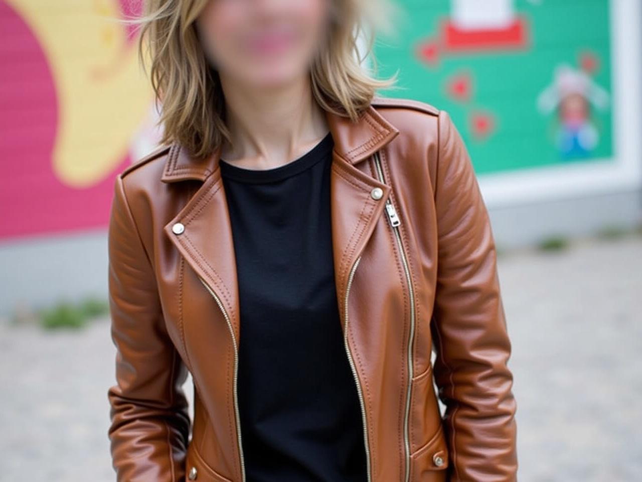 The image shows a person wearing a brown leather jacket over a black shirt. They are standing in front of a colorful mural with a design that includes hearts and what appears to be a person drawn on the side. The background is bright and playful, adding an artistic touch to the composition. The person's face is blurred, making it difficult to identify them. The overall vibe of the image is trendy and casual, with a focus on urban art.