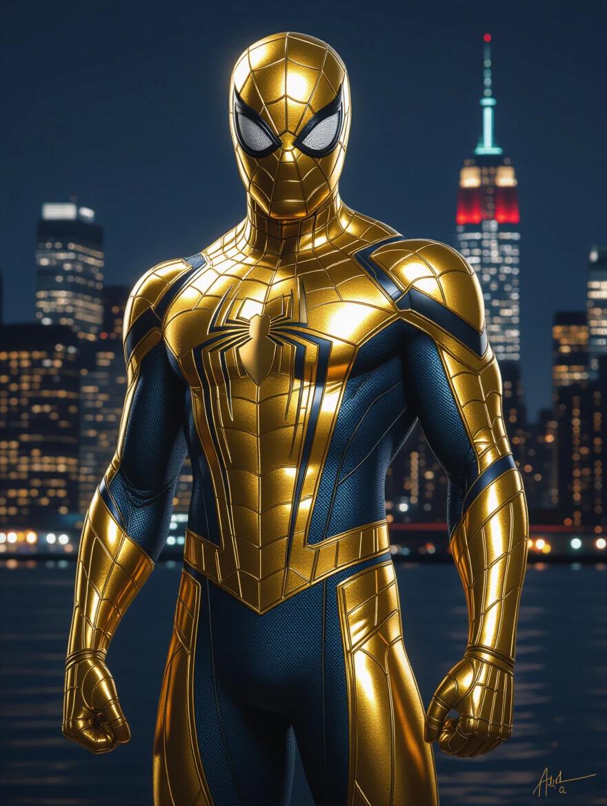 Spider-Man wears a gold metallic suit. Ultra realistic portrait painting. Complex details in night scene. NYC skyline in background. Full body presentation. Eerie atmosphere. Photorealistic style. Creates high detail visuals. Art inspired by artgerm and Jim Lee.
